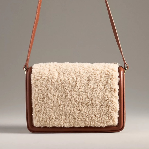 ❤️ANTHROPOLOGIE Jules Kae Mia Sherpa Crossbody Bag IN Brown and Cream VEGAN NWT - Picture 4 of 9